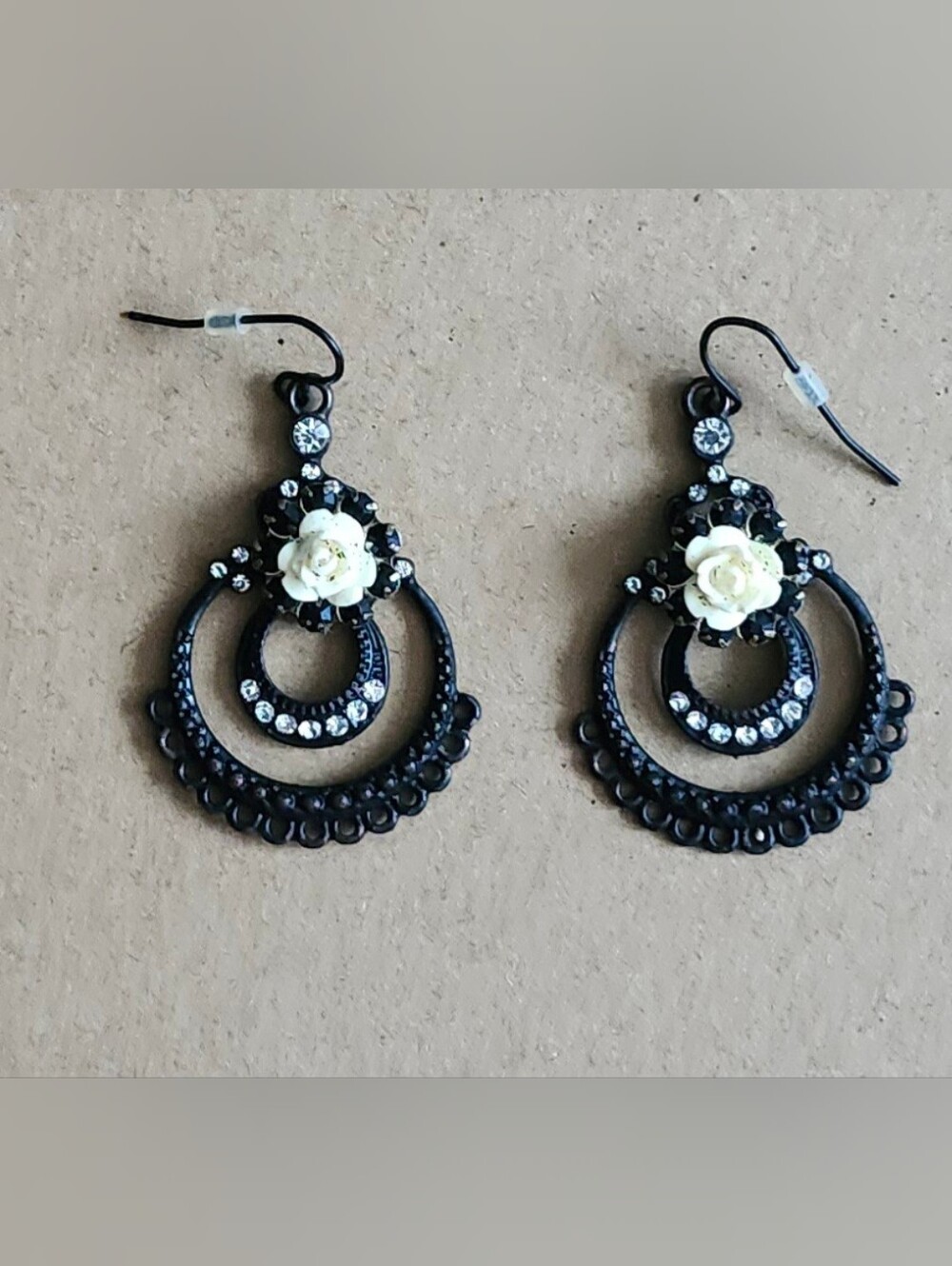 Black Filigree Hoop Earrings with Cream Rose and Crystal Accents